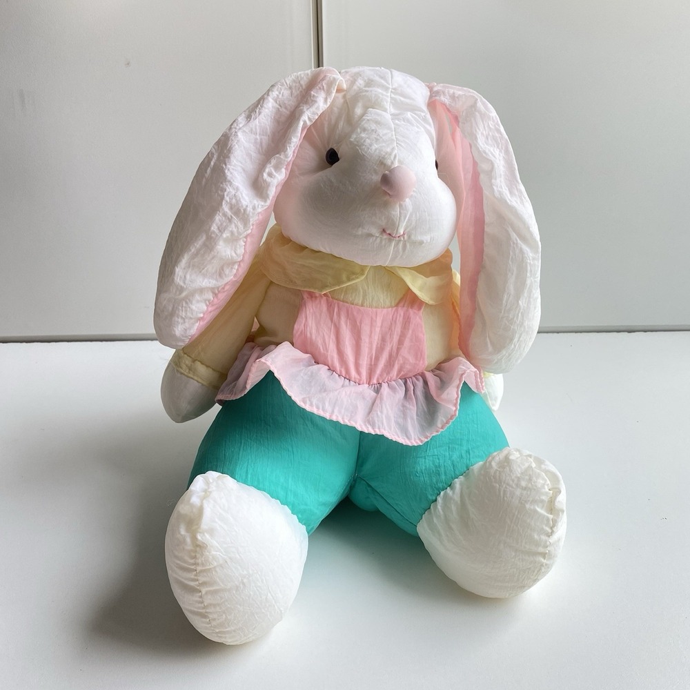 VTG Gibson Greetings Plush Girl Easter Bunny White Nylon‎ Puffy Pink Green 13"
